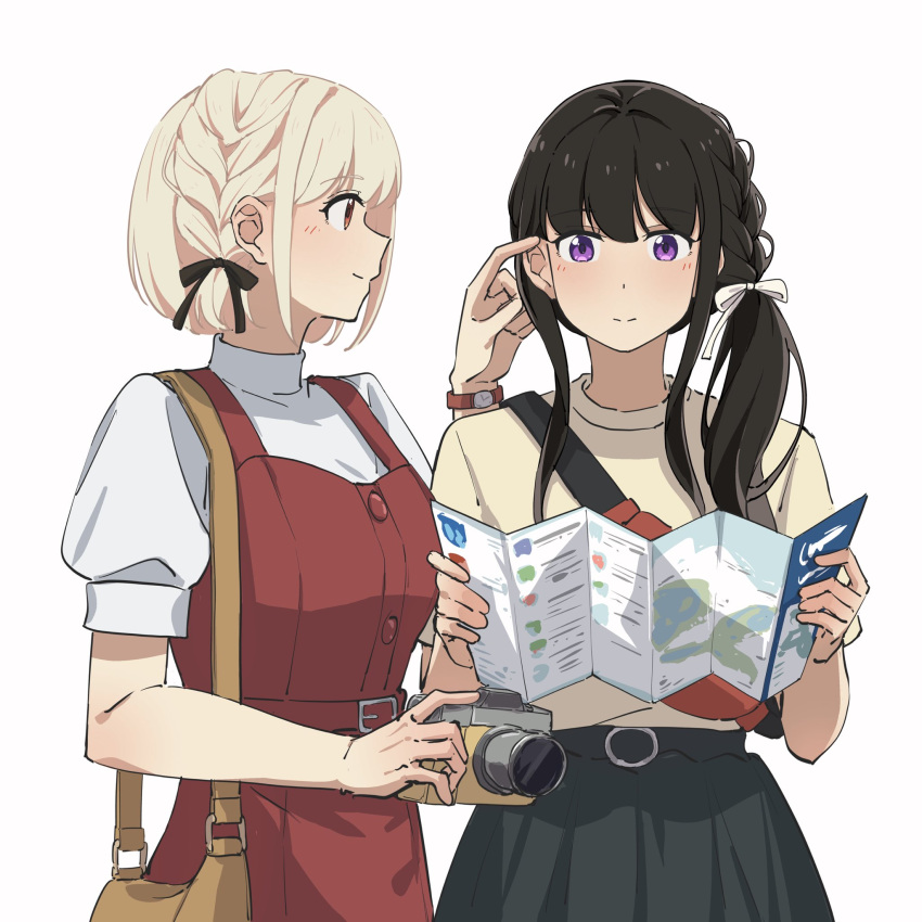 2girls, bag, belt, belt_buckle, black_hair, black_ribbon, black_skirt, blonde_hair