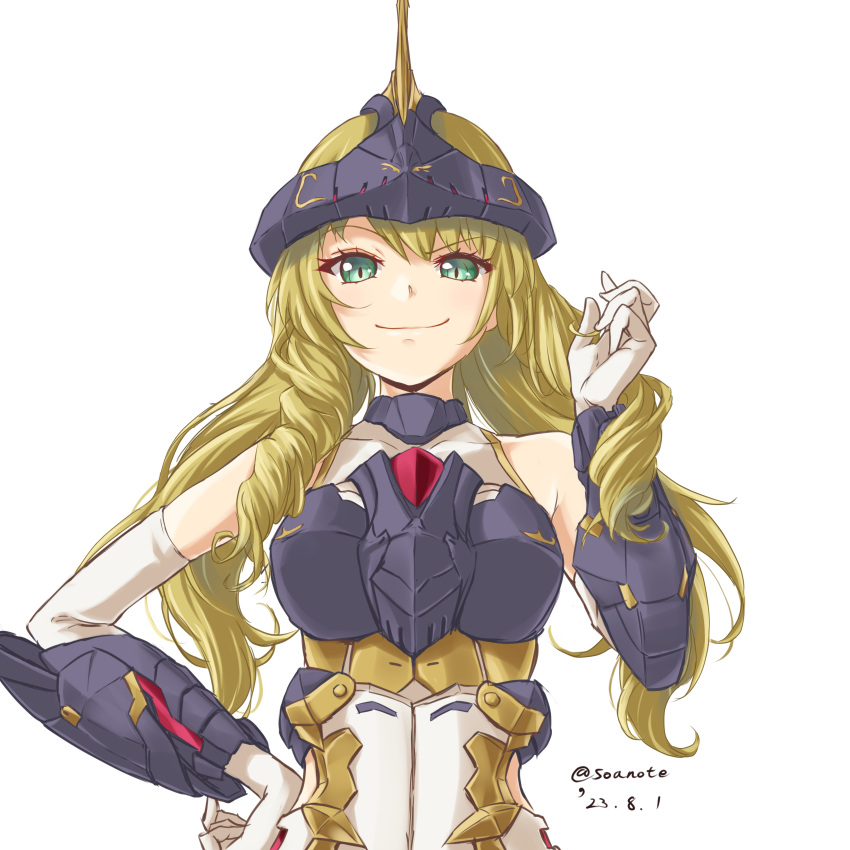 1girl, absurdres, armor, blonde_hair, breasts, dated, drill_hair, drill_sidelocks, durga_(frame_arms_girl), elbow_gloves, frame_arms_girl, gloves, green_eyes, headgear, highres, long_hair, looking_at_viewer, mecha_musume, medium_breasts, sidelocks, smile, smug, soanote, solo, twitter_username, upper_body, very_long_hair