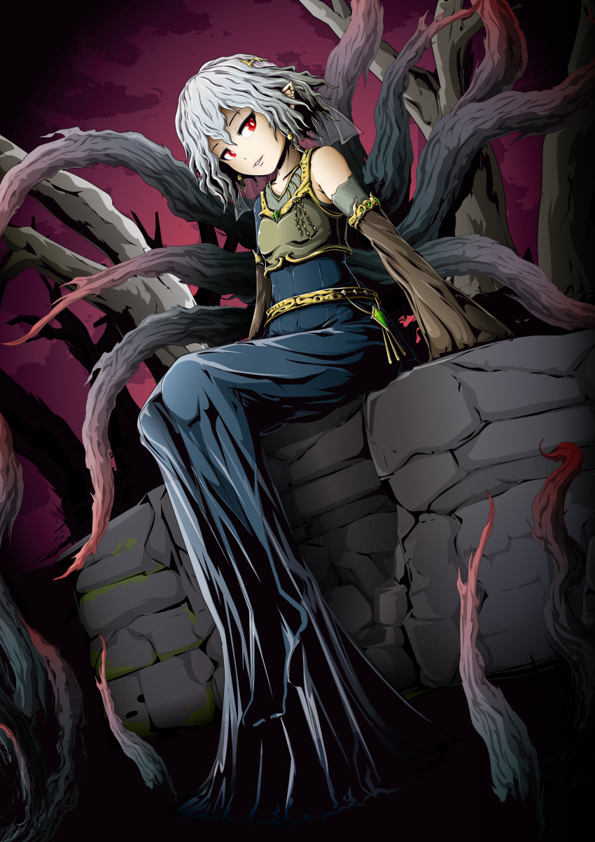 1girl, absurdres, armor, atou_(isekai_mokushiroku_mynoghra), bare_tree, belt, blue_dress, breastplate, coba_(bushclover), detached_sleeves, dress, earrings, full_body, gem, green_gemstone, grey_hair, grey_sleeves, grin, hair_between_eyes, hair_ornament, highres, isekai_mokushiroku_mynoghra, jewelry, looking_at_viewer, outdoors, pointy_ears, red_eyes, red_sky, short_hair, single_detached_sleeve, sky, smile, solo, tentacles, tree
