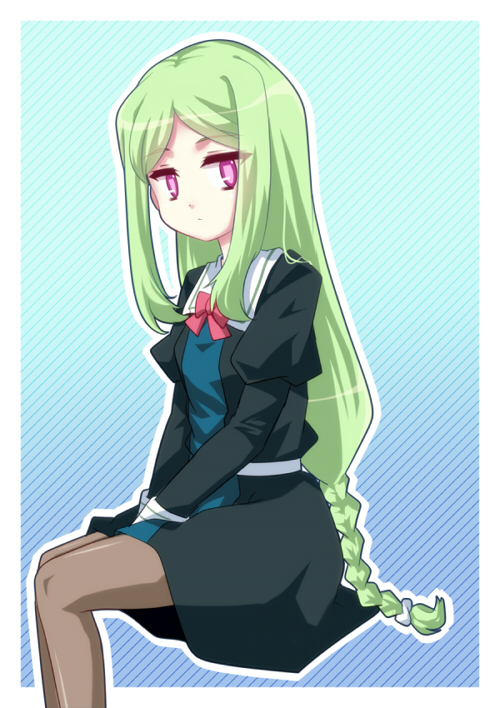 1girl, bangs, battle_spirits, battle_spirits:_shounen_gekiha_dan, black_legwear, black_pantyhose, bow, bowtie, braid, flat_chest, green_hair, hands_together, long_hair, looking_back, momose_kajitsu, pantyhose, parted_bangs, pink_eyes, profile, red_eyes, school_uniform, sitting, skirt, solo, striped, striped_background, taupe_pantyhose, uranaishi_(miraura), very_long_hair