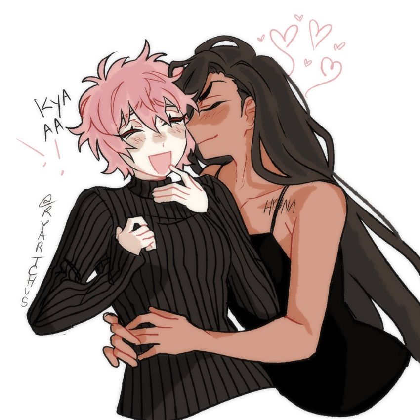 2girls, alien_stage, bare_shoulders, black_shirt, black_tank_top, blush, brown_hair, closed_eyes, closed_mouth, commentary, cropped_torso, dark-skinned_female, dark_skin, heart, highres, hug, hyuna_(alien_stage), long_hair, mizi_(alien_stage), multiple_girls, open_mouth, pink_hair, ribbed_shirt, ryyy_(ryartchus), shirt, short_hair, shoulder_tattoo, simple_background, sleeves_past_wrists, smile, tank_top, tattoo, turtleneck, turtleneck_shirt, twitter_username, very_long_hair, very_short_hair, white_background, yuri