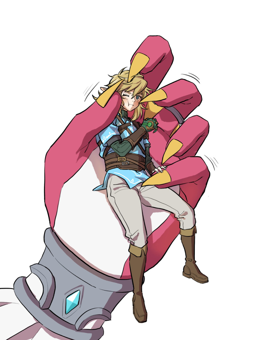 2boys, :t, arm_up, belt, blonde_hair, blue_eyes, blue_tunic, blush, boots, bracelet, brown_belt, brown_footwear, cheek_squash, chest_belt, closed_mouth, colored_skin, commentary_request, ear_piercing, earrings, fingernails, hair_between_eyes, hand_on_another's_hand, highres, jewelry, link, male_focus, medium_hair, mini_person, miniboy, motion_lines, multiple_belts, multiple_boys, na_nako, one_eye_closed, out_of_frame, pants, piercing, pointy_ears, ponytail, prosthesis, prosthetic_arm, red_skin, ring, sharp_fingernails, short_ponytail, short_sleeves, sidon, simple_background, size_difference, the_legend_of_zelda, the_legend_of_zelda:_breath_of_the_wild, tunic, white_background, white_pants, white_skin, zora