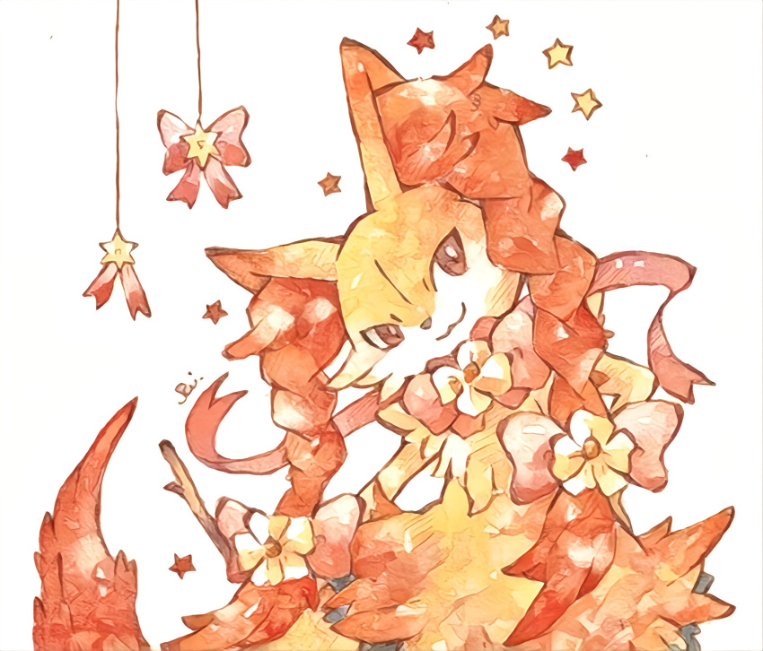 1other, animal_ears, bow, braid, braixen, fox_ears, fox_tail, furry, hair_ornament, highres, no_humans, orange_eyes, other_focus, pokemon, pokemon_(creature), rai_(rai_kw), ribbon, simple_background, smile, solo, star_(symbol), stick, tail, white_background