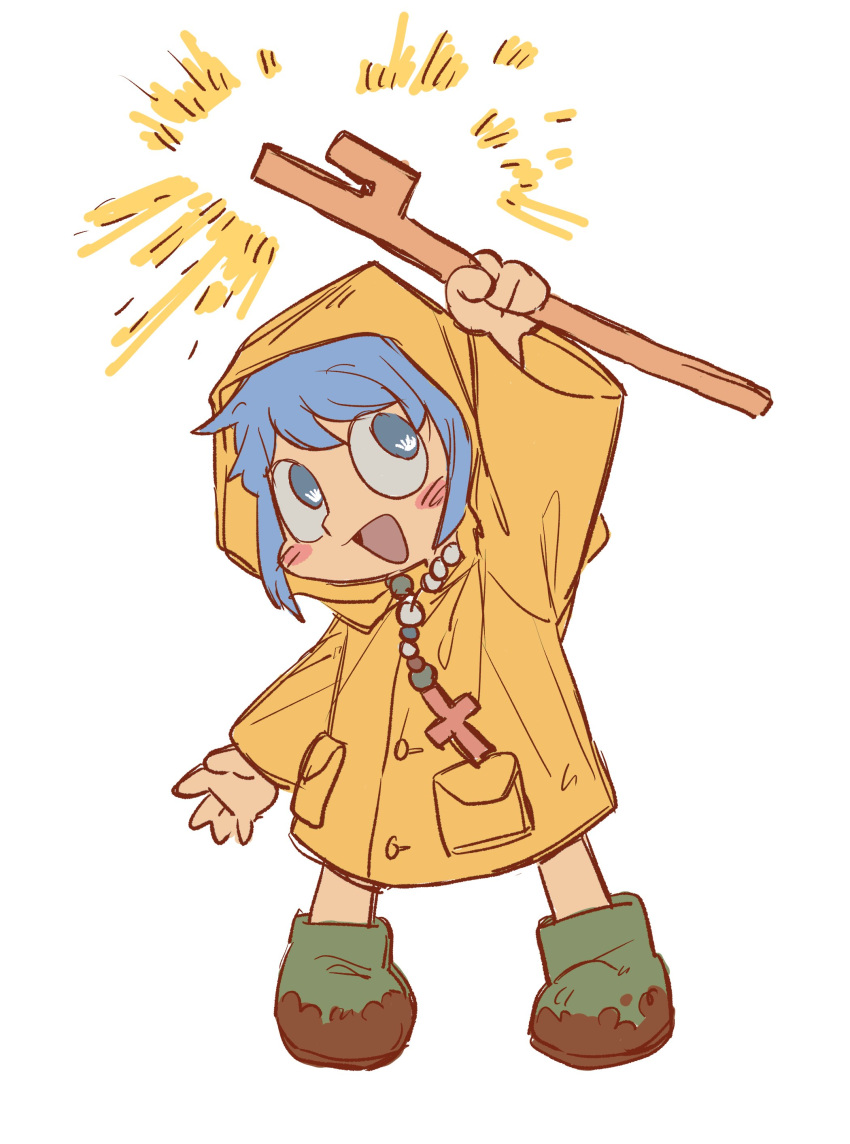 1girl, :d, absurdres, arm_up, blue_eyes, blue_hair, blush, boots, cane, chibi, chibi_only, dirty_footwear, english_commentary, ezier, green_footwear, highres, holding, holding_cane, luce_(jubilee_2025), open_mouth, rosary, rubber_boots, simple_background, smile, solo, sparkling_aura, standing, white_background, yellow_raincoat