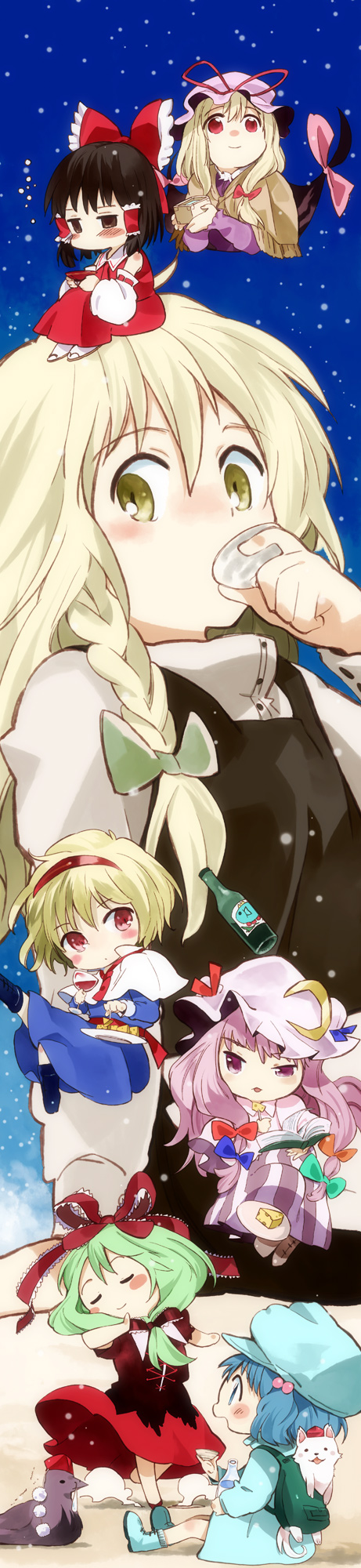 asaki, bird, chibi, dog, giantess, hakurei_reimu, highres, inubashiri_momiji