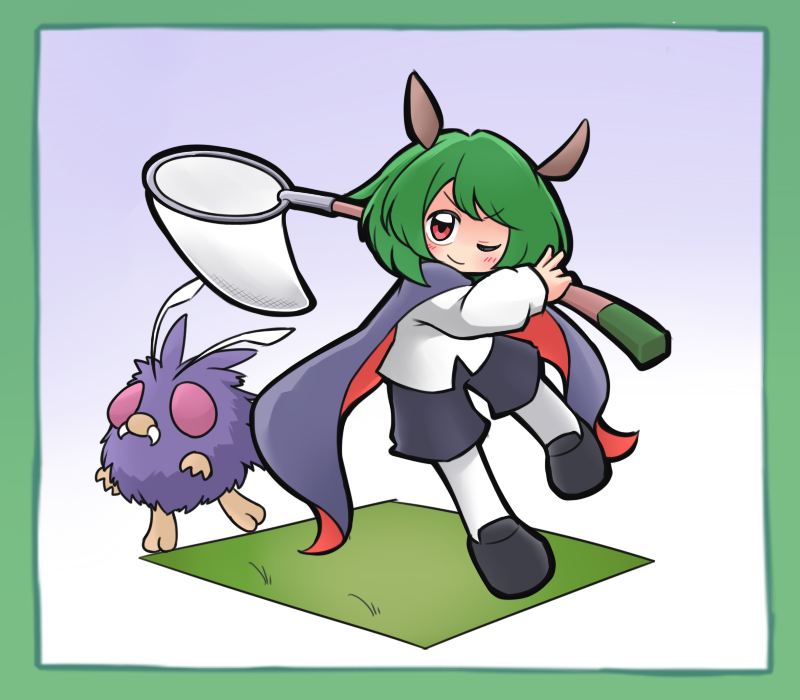 1girl, alternate_eye_color, antennae, black_footwear, black_shorts, blush, border, butterfly_net