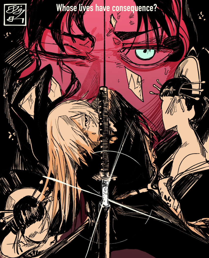 2girls, 3boys, amputee, bleeding, blood, blue_eyes, closed_eyes, hair_over_one_eye