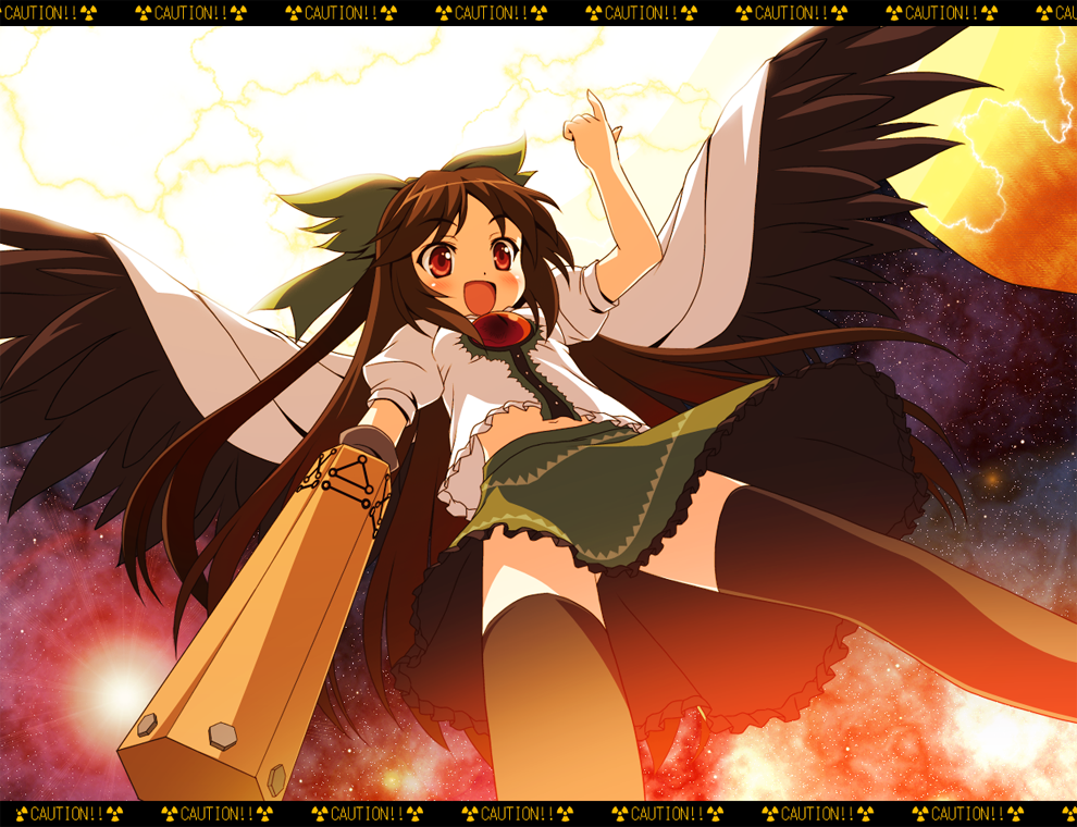 :d, arm_cannon, black_legwear, black_thigh-highs, black_wings, bow, brown_eyes, brown_hair
