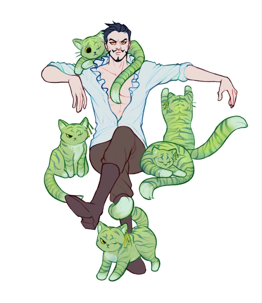 2boys, animal_on_shoulder, beard, black_hair, boots, cat, closed_eyes, commentary_request