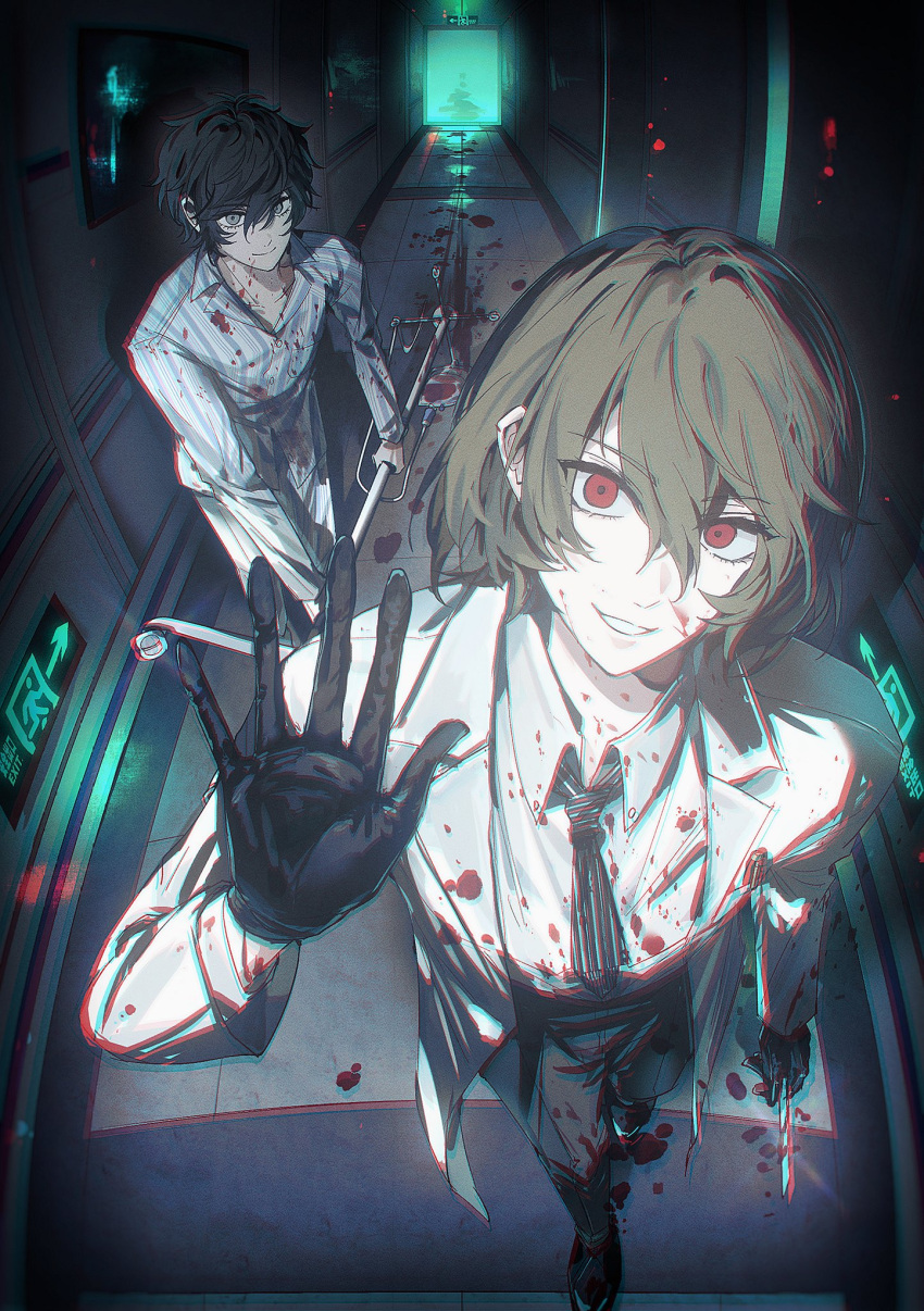 2boys, akechi_gorou, amamiya_ren, black_gloves, black_hair, black_pants, blood, blood_on_clothes, blood_on_face, blood_on_ground, brown_hair, coat, collared_shirt, doctor, english_commentary, from_above, gloves, grey_eyes, grin, hair_between_eyes, hallway, highres, holding_scalpel, hospital, hospital_gown, indoors, intravenous_drip, iv_stand, looking_at_viewer, male_focus, medium_hair, metoerwarrior, multiple_boys, necktie, open_clothes, open_coat, pants, persona, persona_5, red_eyes, shirt, shirt_tucked_in, short_hair, smile, standing, striped_necktie, white_coat, white_shirt