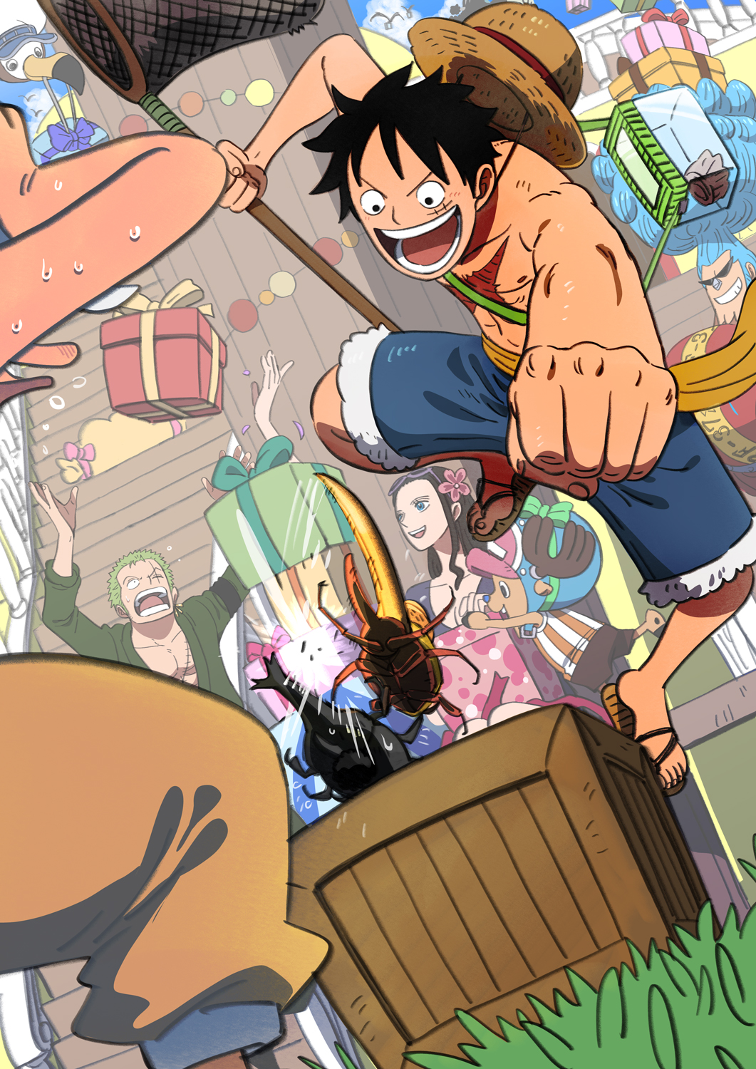 1girl, 5boys, animal, antlers, bandana, bandana_around_arm, beetle, bird, black_bandana, black_hair, blue_eyes, blue_hair, blue_hood, blue_shorts, box, bug, butterfly_net, clenched_hand, earrings, flower, franky_(one_piece), gift, gift_box, grass, green_hair, green_kimono, hair_flower, hair_ornament, hand_net, hat, highres, holding, holding_butterfly_net, horns, japanese_clothes, jewelry, kimono, long_hair, long_nose, looking_at_another, looking_up, matsuda_midori, mixed-language_commentary, monkey_d._luffy, multiple_boys, nico_robin, official_art, one_piece, reindeer_antlers, roronoa_zoro, sandals, sash, scar, scar_across_eye, scar_on_chest, seagull, shorts, sky, smile, spiky_hair, straw_hat, sunglasses, sweatdrop, tony_tony_chopper, topless_male, usopp, yellow_sash