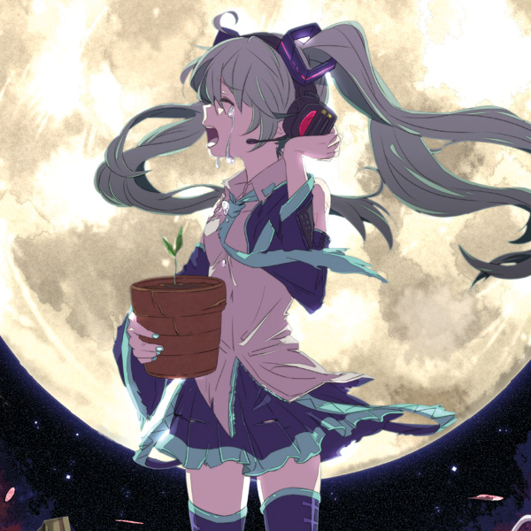 detached_sleeves, full_moon, hand_on_headphones, hatsune_miku, headphones, hello_planet_(vocaloid), long_hair, mattie