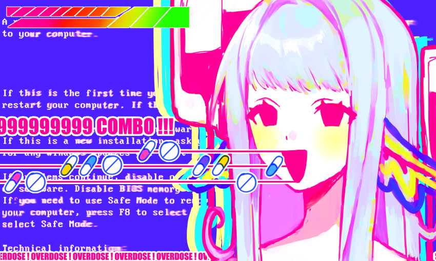 1girl, blue_background, blue_screen_of_death, colorful, highres, intravenous_drip, long_hair, nonsense_alice_(nonsensemanna), nonsensemanna, open_mouth, original, pill, pink_eyes, rainbow, sidelocks, smile, solo, upper_body, very_long_hair, white_hair, wing_ears