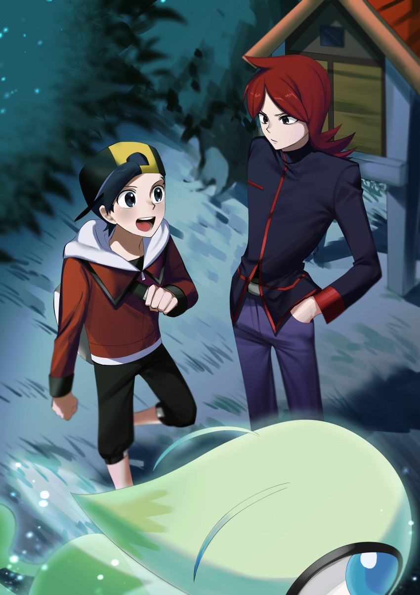 2boys, absurdres, antennae, black_jacket, black_shirt, black_shorts, blue_eyes, blue_pants, celebi, ethan_(pokemon), gugab_(k_kkuba_), hand_in_pocket, highres, house, jacket, long_hair, multiple_boys, outdoors, pants, pokemon, pokemon_(creature), pokemon_hgss, red_jacket, redhead, shirt, shorts, silver_(pokemon), standing