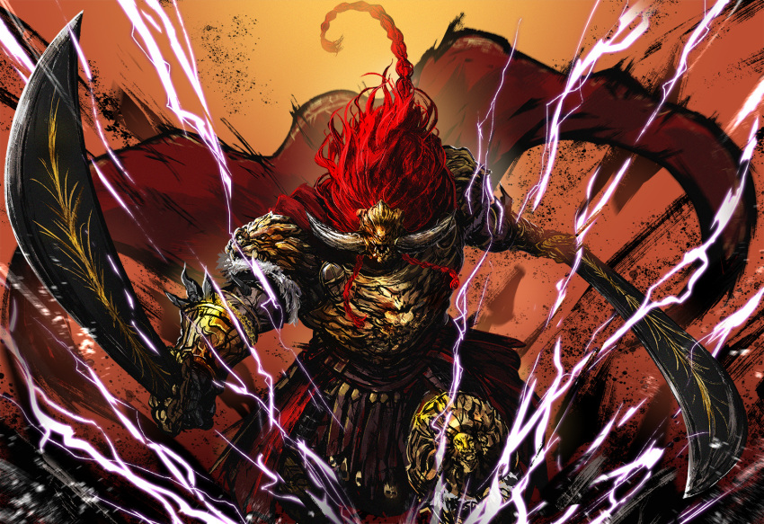1boy, animal_helmet, armor, bracer, braid, braided_ponytail, cape, crackling_energy, dark-skinned_male, dark_skin, dtcy, dual_wielding, elden_ring, fake_horns, fur-trimmed_armor, fur_trim, gloves, gold_armor, helmet, highres, holding, holding_sword, holding_weapon, horned_helmet, horns, male_focus, pauldrons, promised_consort_radahn, red_cape, redhead, shoulder_armor, spikes, sword, twin_braids, weapon