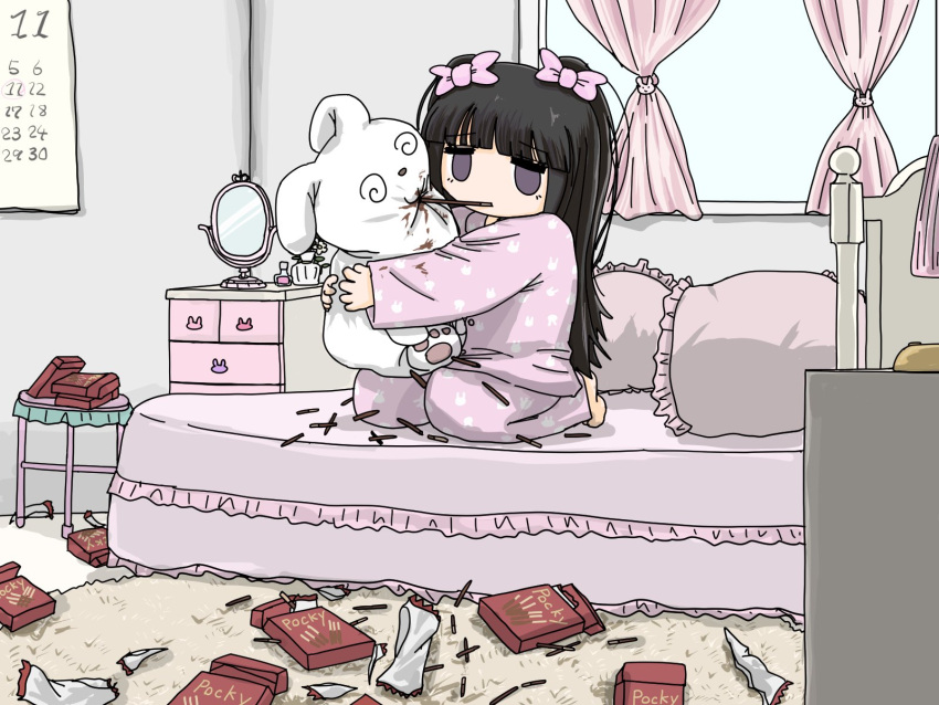1girl, @_@, bed, black_hair, bow, box, calendar_(object), curtains, empty_eyes, food, food_in_mouth, fuchina_(fucinami), hair_bow, highres, hugging_object, long_hair, mirror, on_bed, original, pajamas, pink_bow, pink_pajamas, pocky, pocky_day, pocky_in_mouth, pocky_kiss, polka_dot, polka_dot_pajamas, seiza, sitting, solo, stuffed_animal, stuffed_rabbit, stuffed_toy, violet_eyes, window, yato-chan_(fuchina)