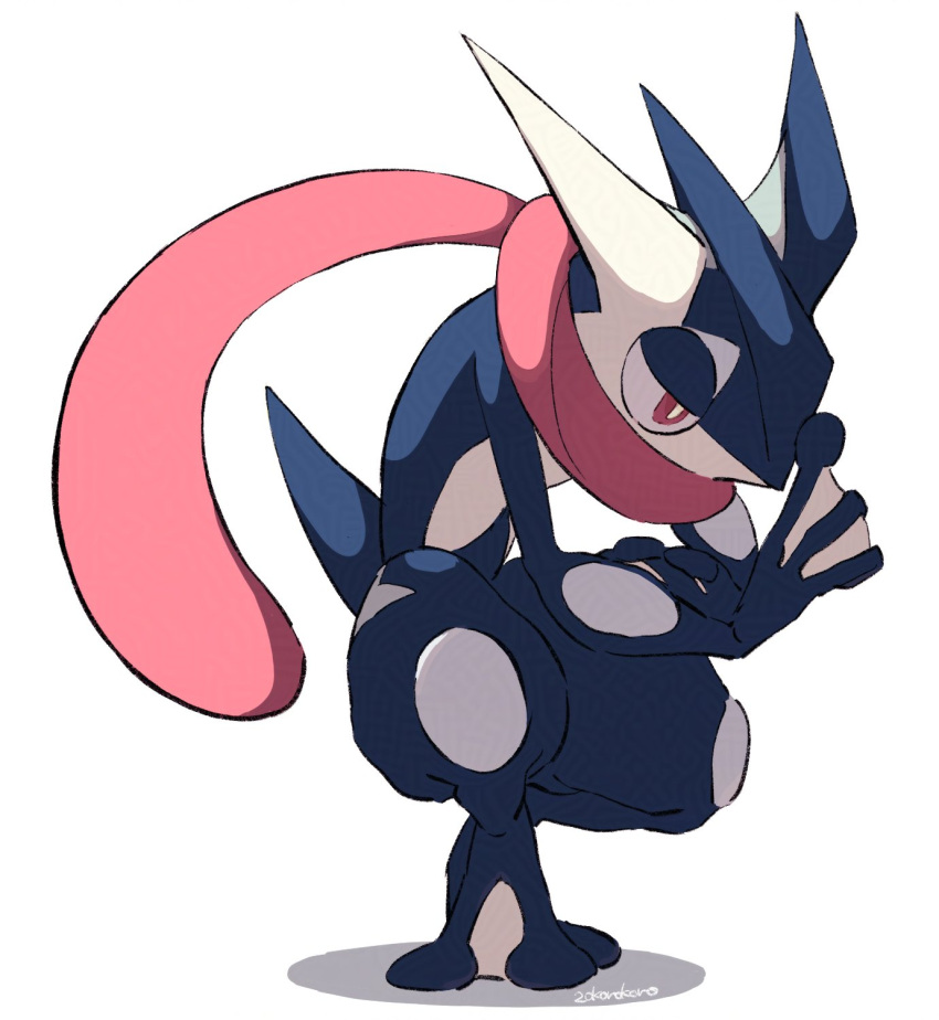 full_body, greninja, half-closed_eyes, highres, korosliszt, no_humans, pink_eyes, pokemon