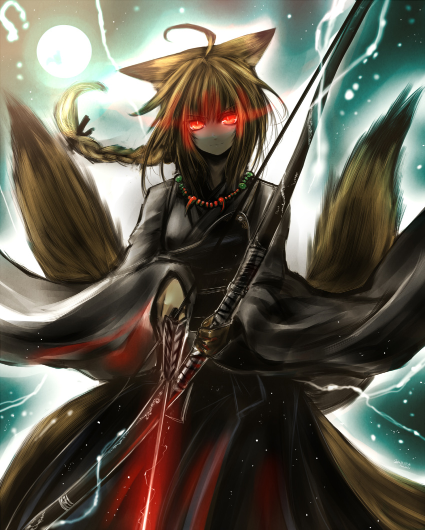 animal_ears, arrow, bow_(weapon), braid, brown_hair, fox_ears, fox_tail, glowing, glowing_eyes, highres, jewelry, kotoba_noriaki, matsuyoi_(yukinagi), moon, multiple_tails, necklace, original, red_eyes, smile, solo, tail, tsukimi_shokudouki, weapon