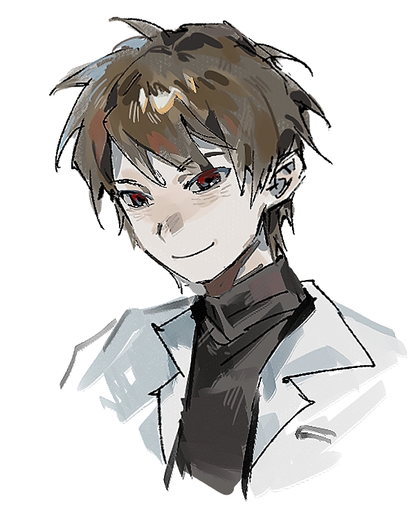 1boy, black_sweater, brown_hair, chinese_commentary, closed_mouth, commentary_request, cropped_shoulders, finwell, harada_minoru, jacket, lapels, male_focus, notched_lapels, open_clothes, open_jacket, red_eyes, saibou_shinkyoku, short_hair, simple_background, smile, solo, sweater, turtleneck, turtleneck_sweater, white_background, white_jacket