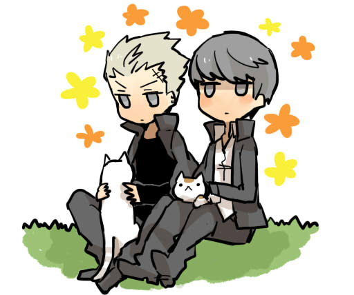 cat, chibi, flower, grey_eyes, grey_hair, multiple_boys, narukami_yuu, persona