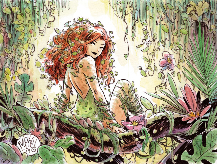 1girl, arm_support, artist_name, bare_shoulders, black_eyes, black_lips, dated, dc_comics, flower, from_behind, green_leotard, highres, leaf_clothing, leaf_leotard, leotard, long_hair, looking_back, messy_hair, mikemaihack, plant, plant_clothing, poison_ivy, redhead, sitting, solo, strapless, strapless_leotard, tree