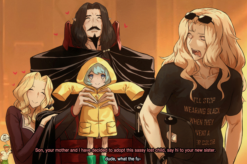 2girls, 3boys, alucard_(castlevania), beard, black_cape, black_hair, black_shirt, blonde_hair