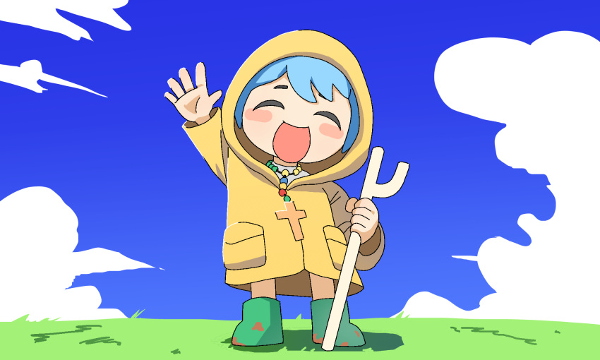 1girl, blue_hair, blue_sky, blush_stickers, boots, cane, chibi, chibi_only, closed_eyes, clouds, commentary, cross, cross_necklace, dirty, dirty_clothes, dirty_footwear, grass, green_footwear, happy, highres, holding, holding_cane, hood, hood_up, jewelry, jubilee_2025, luce_(jubilee_2025), necklace, open_mouth, pocket, raincoat, shirt, short_hair, sky, solo, standing, waving, wge, white_shirt, yellow_raincoat