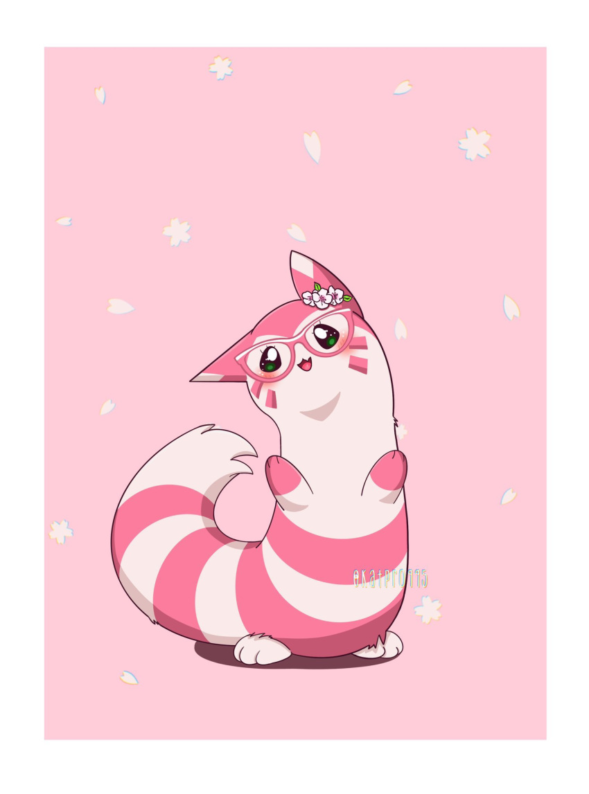 alternate_color, animal_focus, blush, bright_pupils, commentary, english_commentary, facial_mark, flower, furret, glasses, green_eyes, highres, katpro995, looking_at_viewer, mixed-language_commentary, no_humans, petals, pink_background, pink_petals, pink_theme, pokemon, pokemon_(creature), shiny_pokemon, smile, solo, standing, whisker_markings, white_pupils