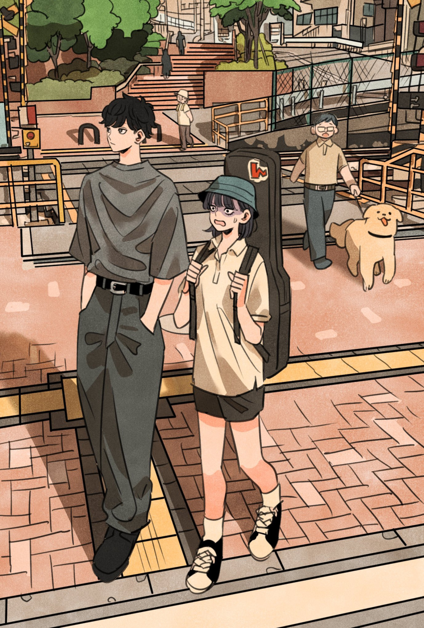 2boys, 2girls, 2others, :o, arms_behind_back, belt, black_belt, black_eyes