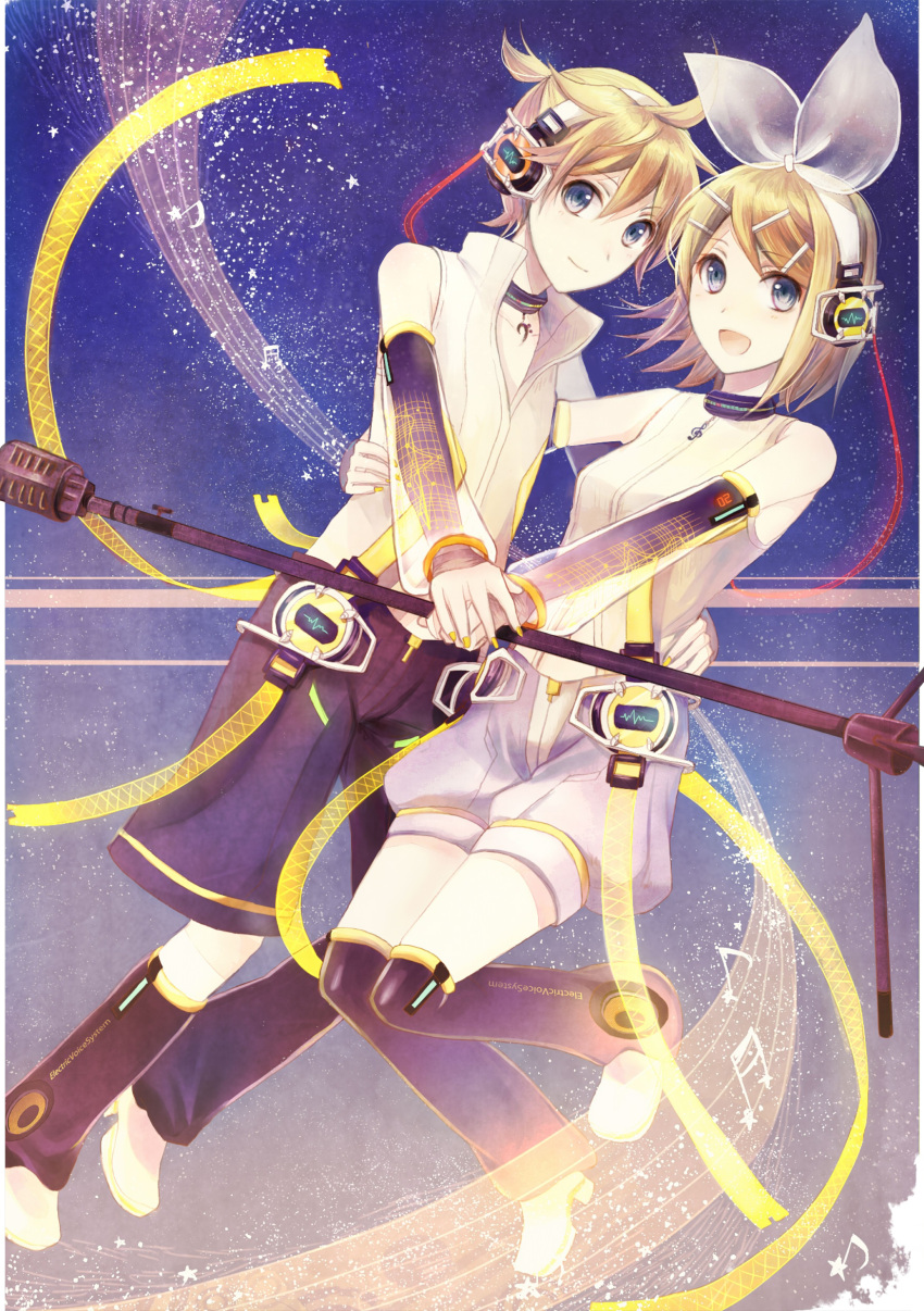 amamizu_(pixiv), blonde_hair, blue_eyes, headphones, highres, kagamine_len, kagamine_len_(append), kagamine_rin