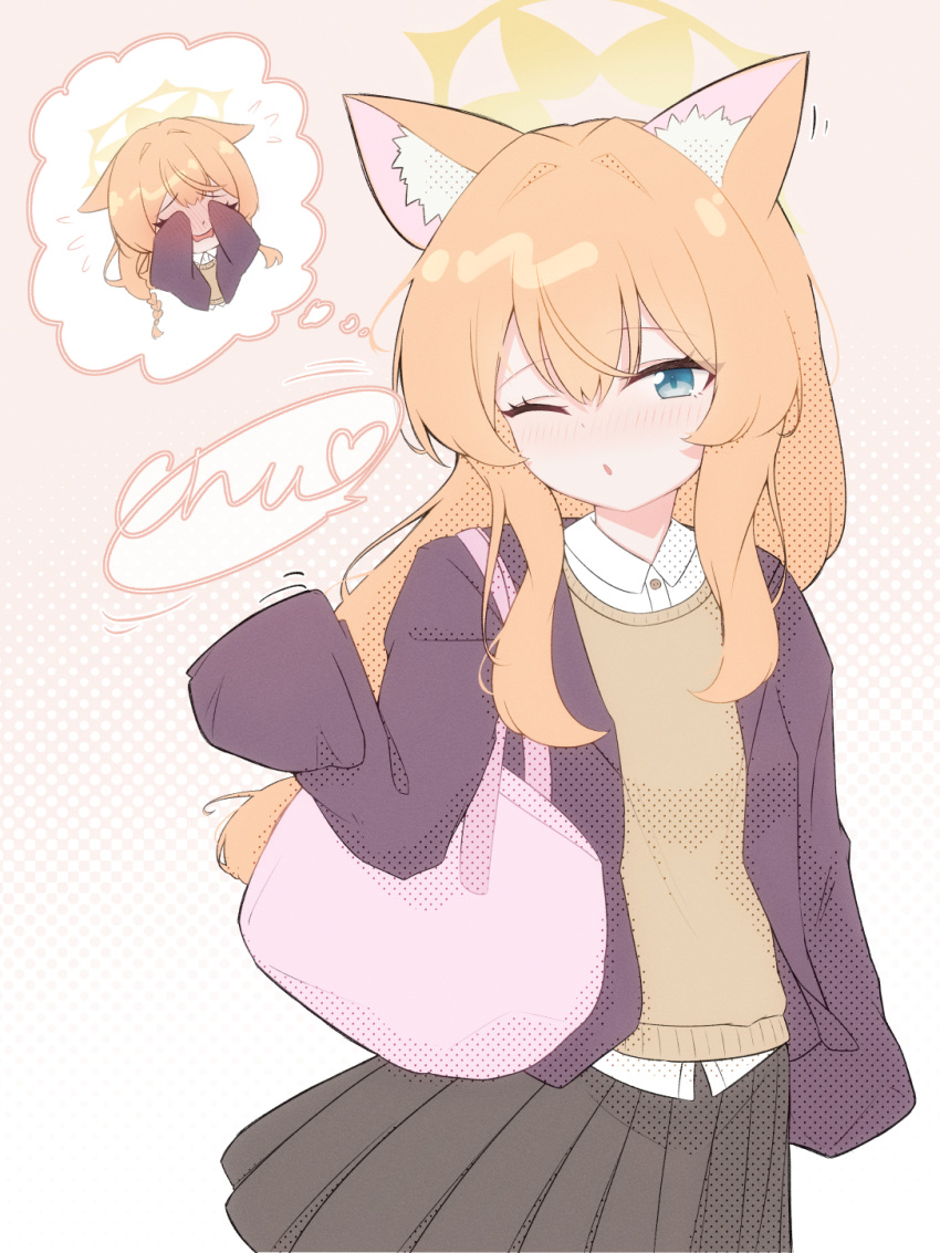 1girl, alternate_costume, animal_ear_fluff, animal_ears, aqua_eyes, black_jacket, blonde_hair, blowing_kiss