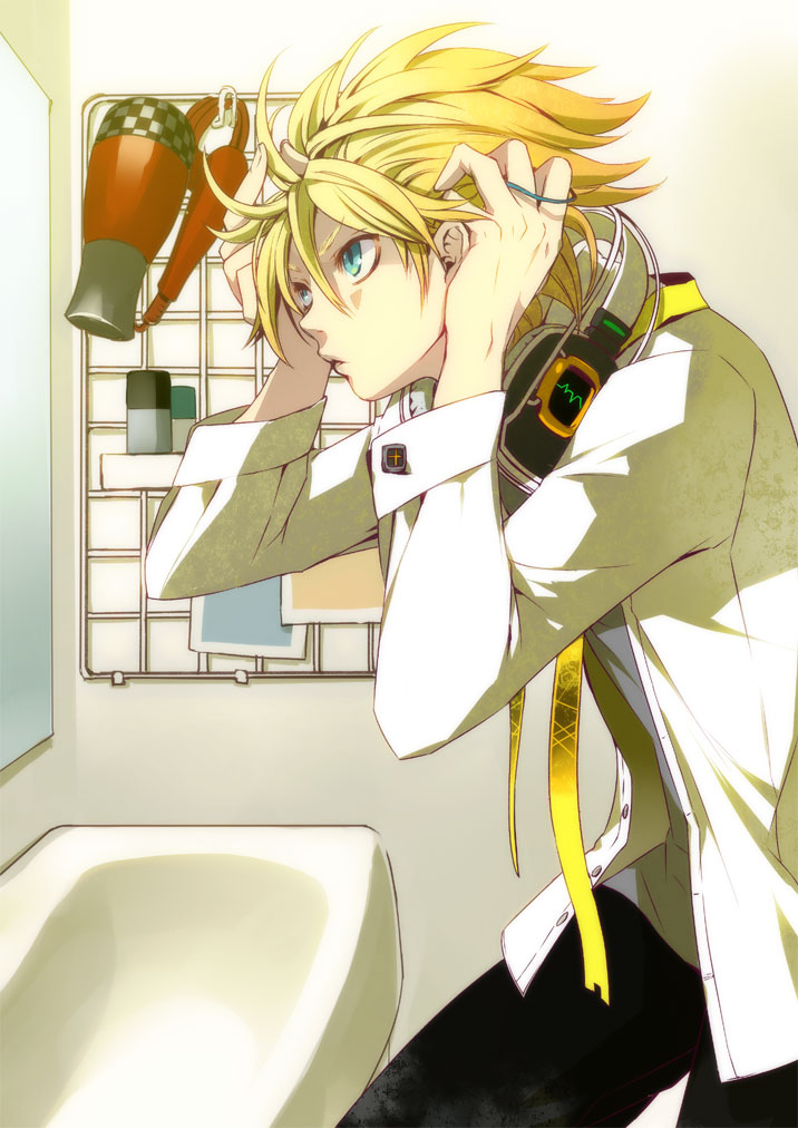 adjusting_hair, aqua_eyes, bathtub, blonde_hair, blue_eyes, gin_(oyoyo), hair_down, headphoens, headphones, headphones_around_neck, kagamine_len, kagamine_len_(append), male, mirror, open_shirt, solo, vocaloid, vocaloid_append