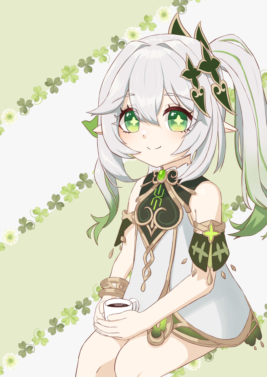 1girl, absurdres, bare_shoulders, bracelet, closed_mouth, commentary_request, cup, detached_sleeves, dress, erio_dazima, genshin_impact, gold_trim, gradient_hair, green_eyes, green_hair, green_sleeves, hair_between_eyes, hair_ornament, highres, holding, holding_cup, invisible_chair, jewelry, leaf_hair_ornament, long_hair, looking_at_viewer, mug, multicolored_hair, nahida_(genshin_impact), partial_commentary, pointy_ears, side_ponytail, sitting, sleeveless, sleeveless_dress, smile, solo, star-shaped_pupils, star_(symbol), symbol-shaped_pupils, white_dress, white_hair
