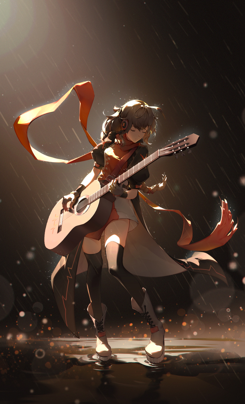 1girl, absurdres, acoustic_guitar, boots, brown_hair, dress, floating_clothes, full_body
