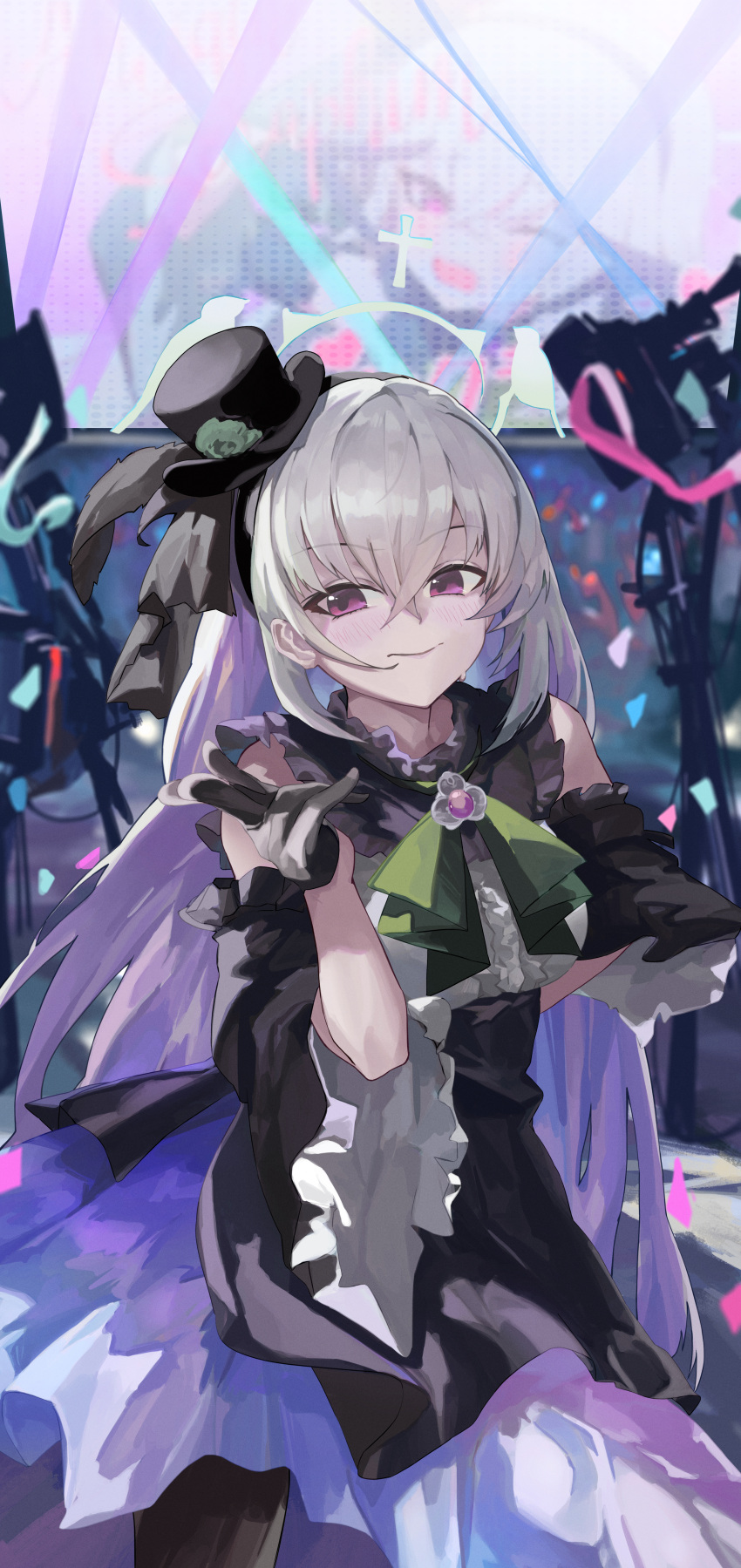1569847238, 1girl, absurdres, black_hat, black_pantyhose, blue_archive, blush, center_frills