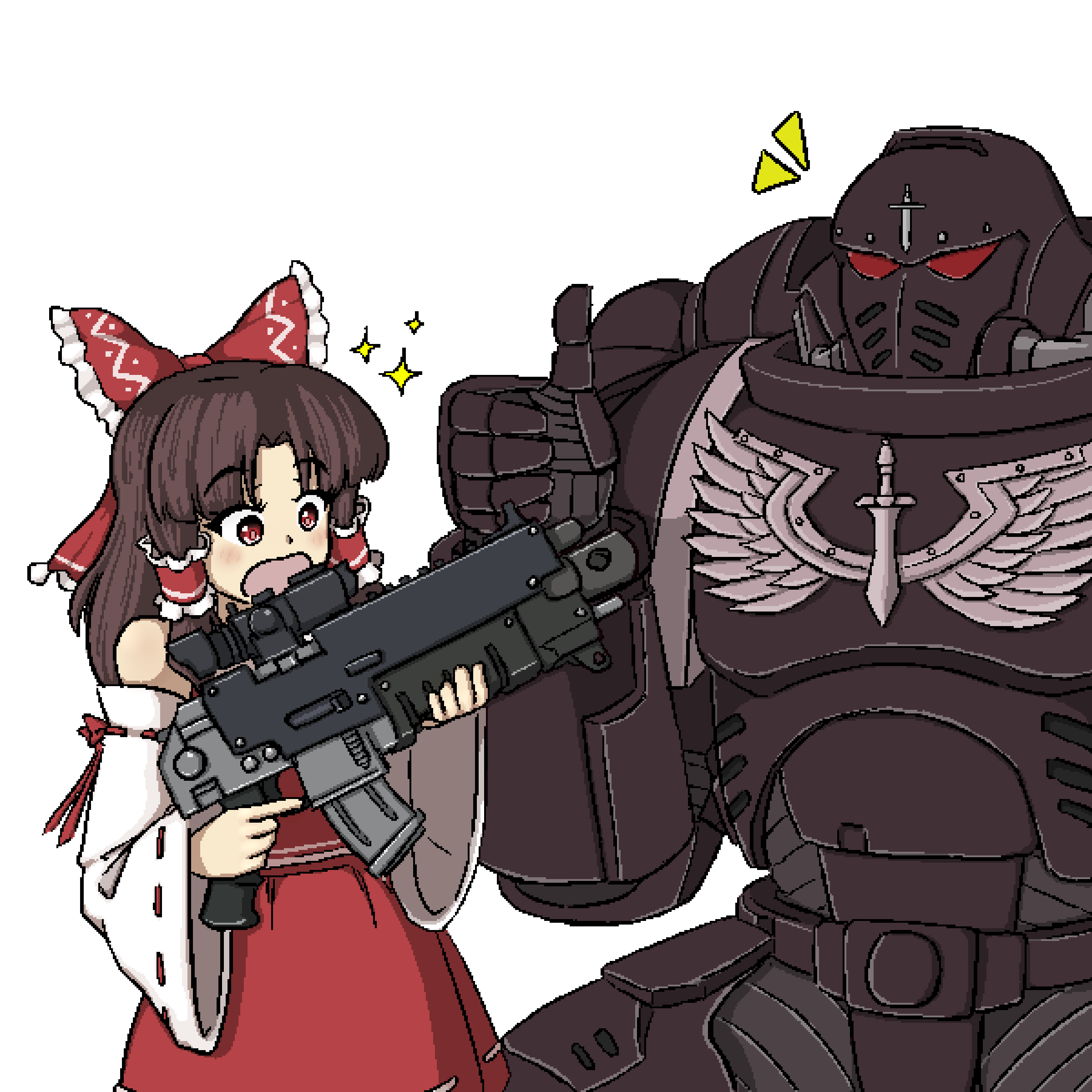 1girl, 1other, absurdres, adeptus_astartes, ambiguous_gender, armor, ascot, blush