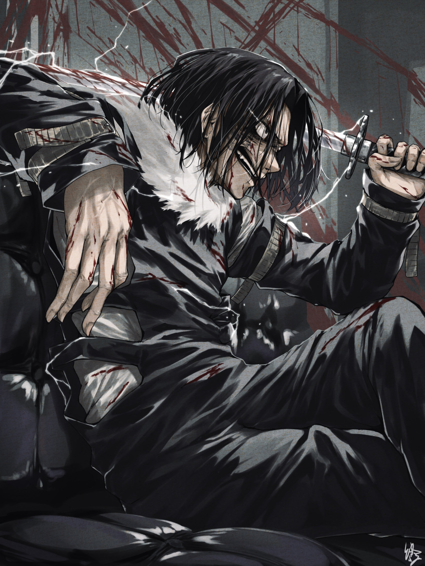 1boy, absurdres, arm_up, black_coat, blood, blood_in_hair, blood_on_clothes, blood_on_weapon