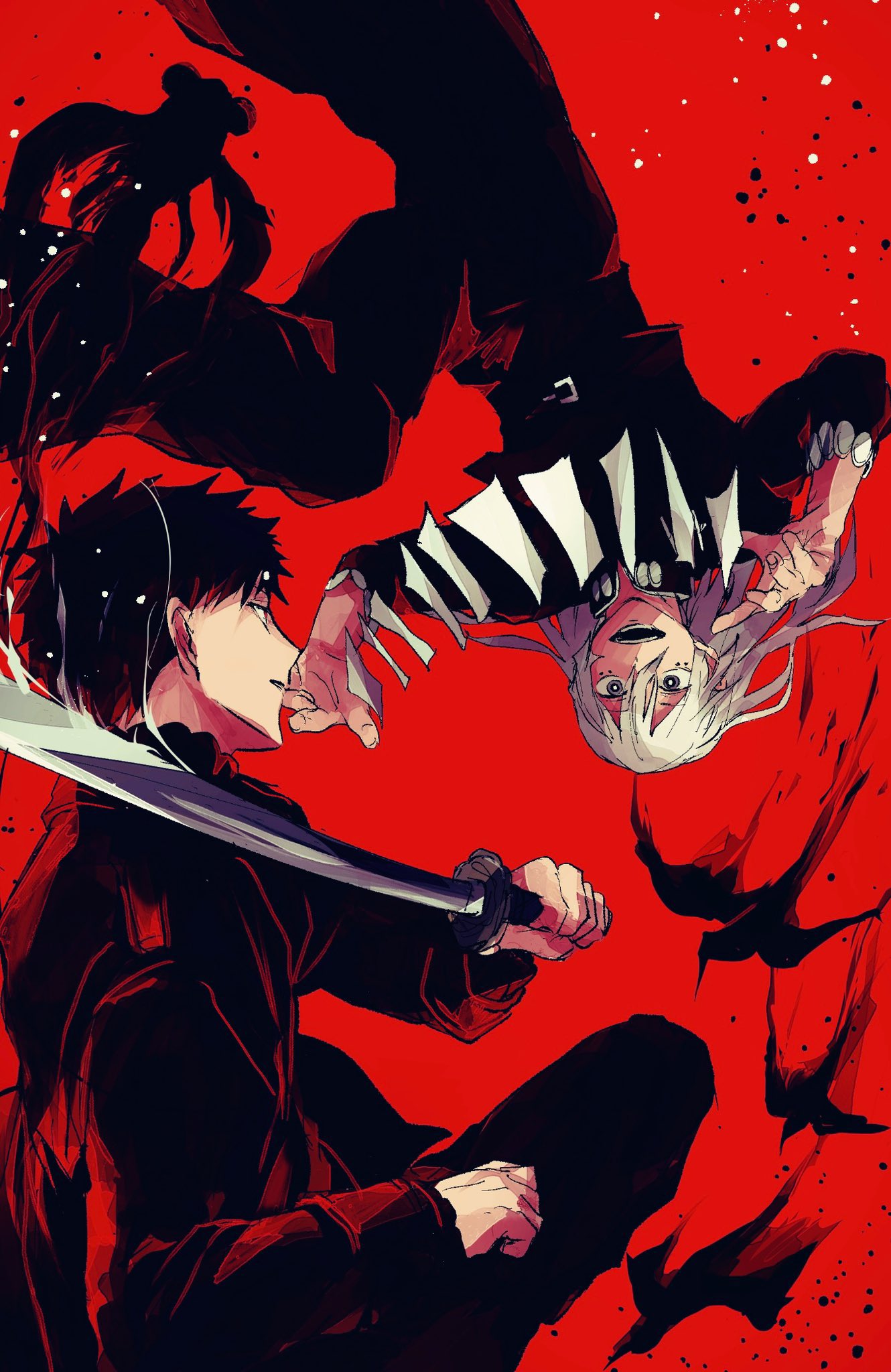 21g_yaseru, 2boys, bird, black_coat, black_hair, coat, crow, fighting, fish, goldfish, highres, hiruhiko_(kagurabachi), holding, holding_sword, holding_weapon, kagurabachi, katana, long_hair, multiple_boys, origami, pink_hair, red_background, rokuhira_chihiro, sword, weapon