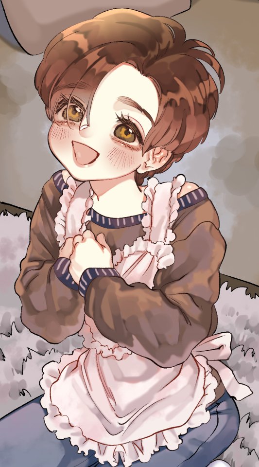 1boy, :d, apron, blush, brown_eyes, brown_hair, brown_shirt, gogglesyo