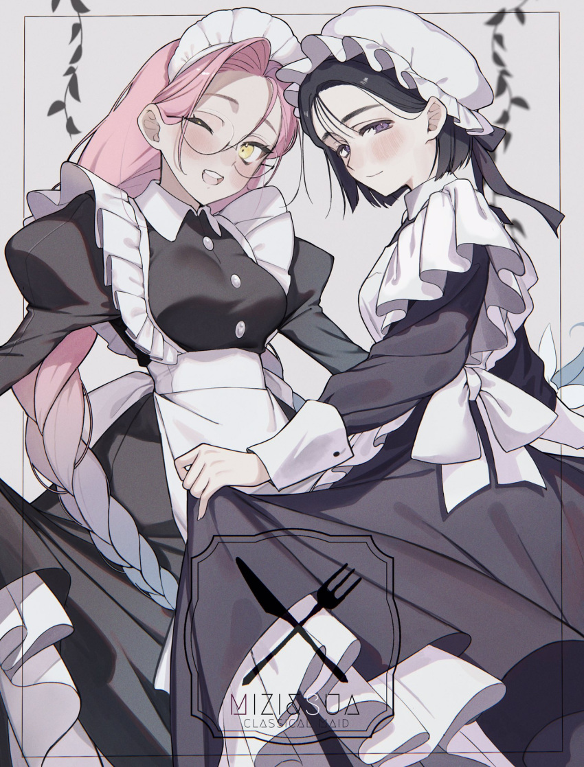 2girls, 4tsuba_kuma, alien_stage, apron, black_dress, black_hair, blue_hair, braid