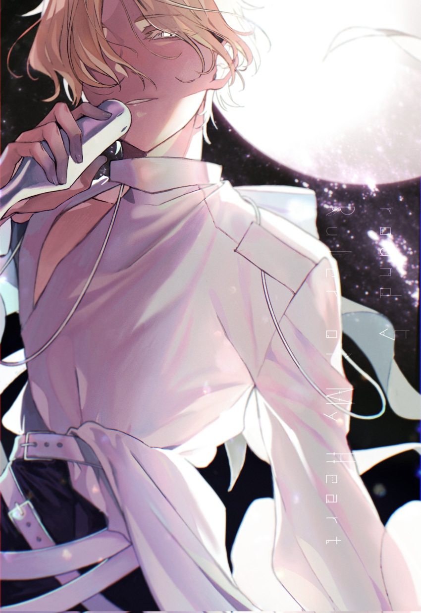 1boy, 4tsuba_kuma, alien_stage, belt, black_pants, blonde_hair, clothing_cutout, colored_extremities