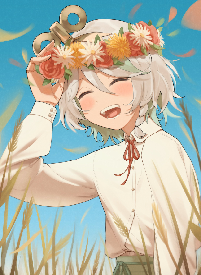 1girl, absurdres, alternate_costume, braid, cecilia_immergreen, closed_eyes, doll_joints, grey_hair, head_wreath, highres, hololive, hololive_english, isarobn, joints, petals, shirt, side_braid, smile, virtual_youtuber, wheat, white_shirt, winding_key