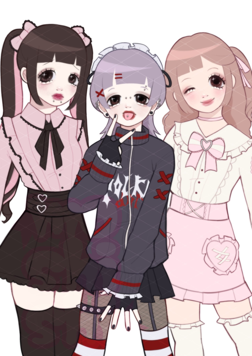 3girls, aegyo_sal, blunt_bangs, bow, bridge_piercing, brown_eyes, brown_hair, choker, curly_hair, earrings, emma_(moshishi), eyebrow_piercing, fingerless_gloves, fishnet_pantyhose, fishnets, frilled_shirt, frilled_shirt_collar, frilled_skirt, frilled_sleeves, frilled_thighhighs, frills, garter_straps, gloves, hair_bow, hair_ornament, hairclip, heart, highres, jewelry, jirai_kei, lip_piercing, lips, multicolored_hair, multiple_earrings, multiple_girls, multiple_hair_bows, one_eye_closed, original, pantyhose, piercing, pocket, purple_hair, shirt, side_ponytail, skirt, smile, snakebite_(piercing), sparkling_eyes, striped_clothes, striped_thighhighs, subcul_jirai, sweater, thigh-highs, tongue, tongue_out, tongue_piercing, turtleneck, turtleneck_sweater, twintails, v