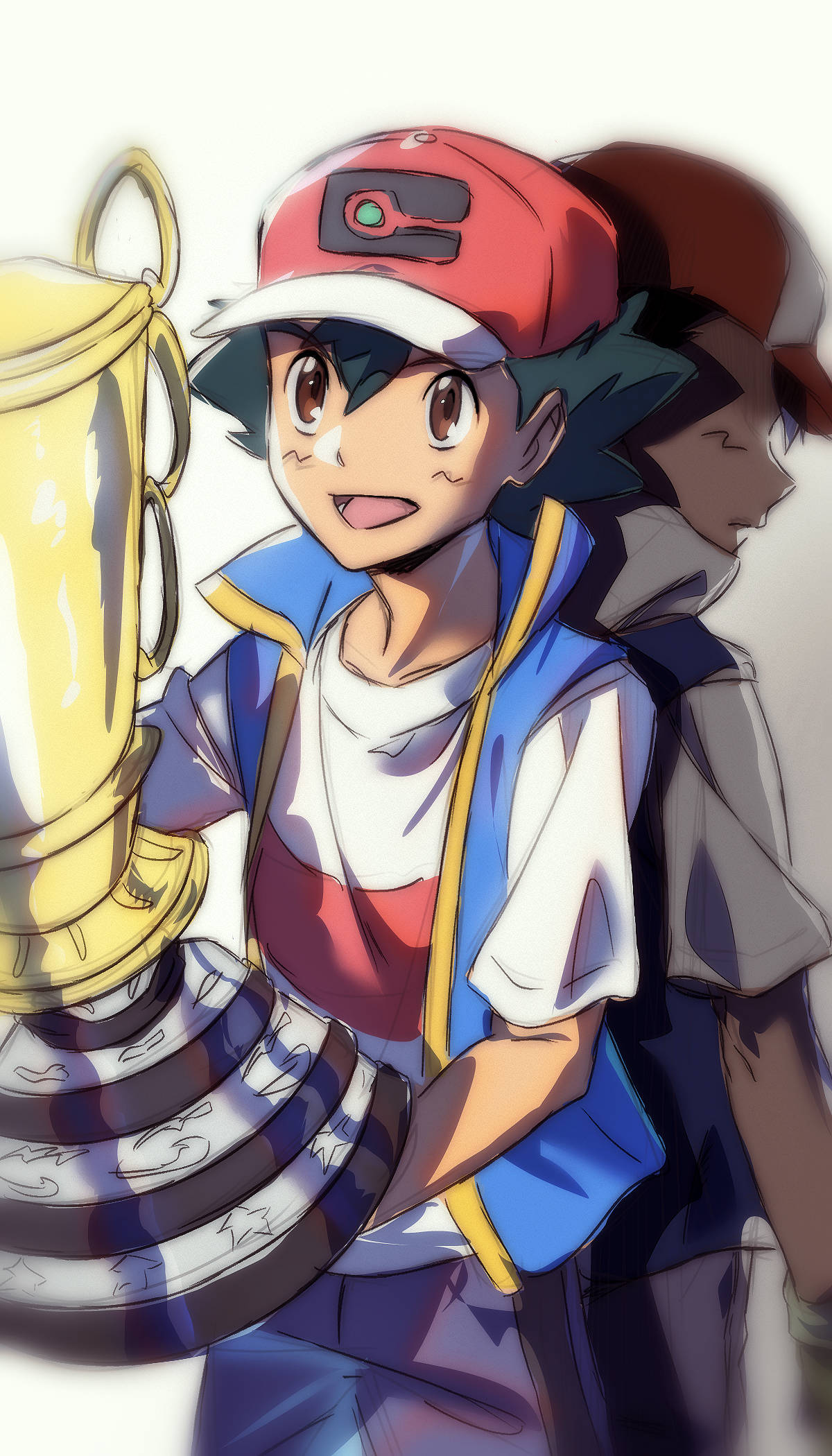 2boys, ash_ketchum, baseball_cap, black_hair, blue_jacket, brown_eyes, facial_mark, gloves, hat, highres, holding, jacket, liam_(lhzur), multicolored_hair, multiple_boys, open_mouth, pokemon, pokemon_(anime), pokemon_(classic_anime), pokemon_journeys, red_hat, red_shirt, shirt, smile, trophy, two-tone_hair, white_shirt