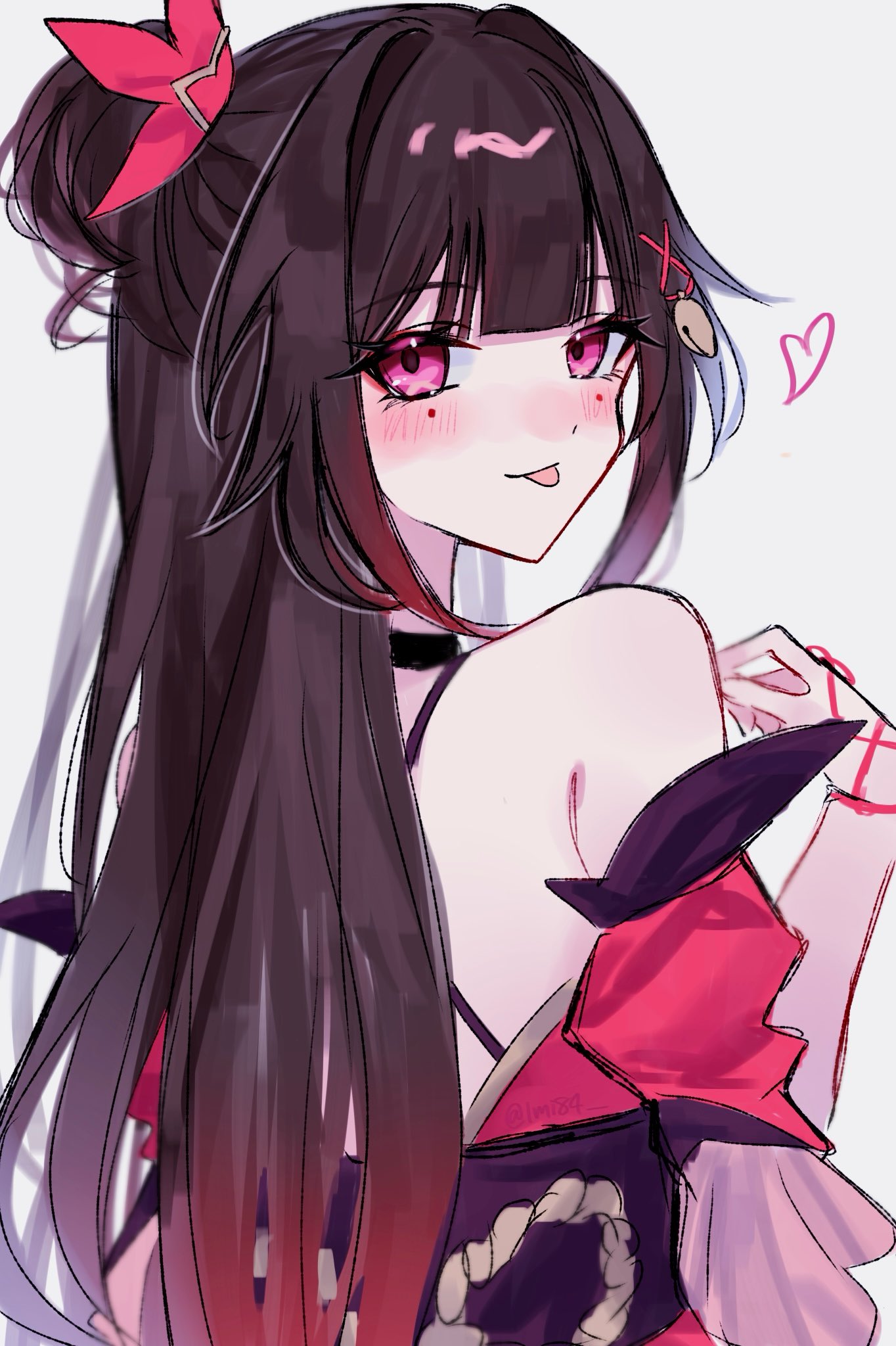1girl, :p, back, bare_shoulders, black_choker, black_sash, brown_hair, butterfly-shaped_pupils, choker, dress, from_behind, heart, highres, honkai:_star_rail, honkai_(series), long_hair, looking_at_viewer, mark_under_both_eyes, moe_(lmi84), pink_eyes, red_dress, red_sleeves, sash, simple_background, solo, sparkle_(honkai:_star_rail), symbol-shaped_pupils, tongue, tongue_out, very_long_hair, white_background