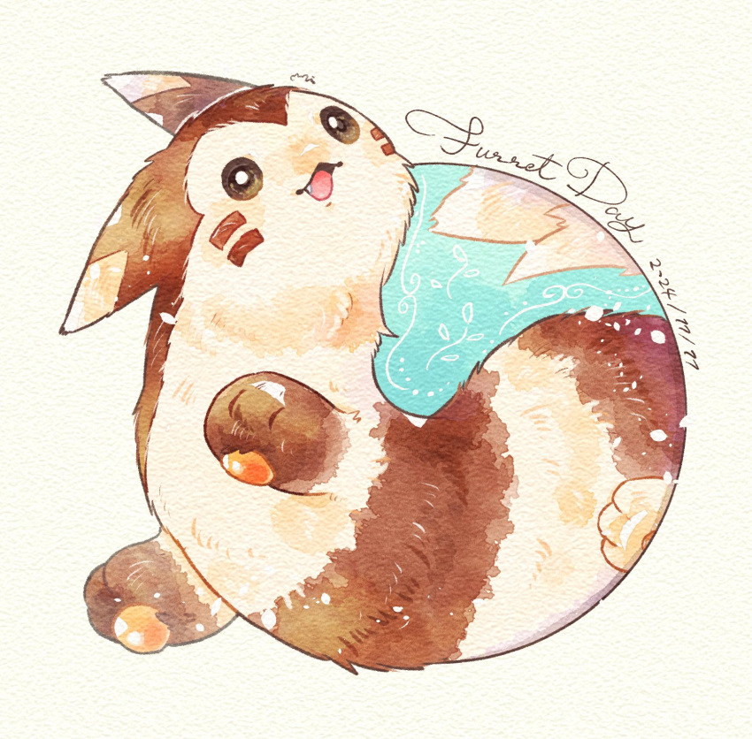 animal_focus, bright_pupils, brown_eyes, dated, facial_mark, fang, furret, highres
