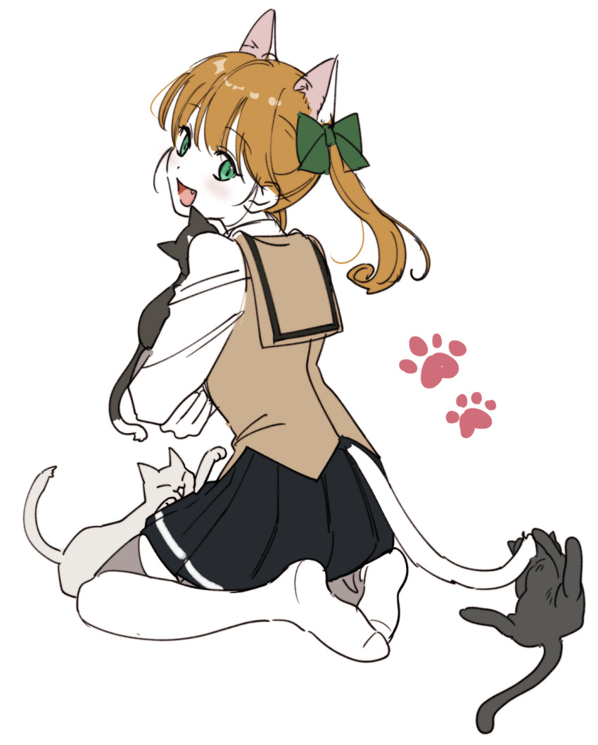 1103sns, 1girl, animal, animal_ears, black_skirt, blush, bow, brown_sailor_collar, brown_vest, cat, cat_ears, cat_girl, cat_tail, fang, floating_hair, from_behind, full_body, green_bow, green_eyes, hair_bow, highres, holding, holding_animal, holding_cat, kemonomimi_mode, long_hair, long_sleeves, looking_at_viewer, looking_back, open_mouth, orange_hair, pantyhose, paw_print, playing_with_another's_tail, pleated_skirt, sailor_collar, sayonara_wo_oshiete, school_uniform, shirt, simple_background, sitting, skirt, smile, solo, tail, tamachi_mahiru, twintails, vest, white_background, white_pantyhose, white_shirt