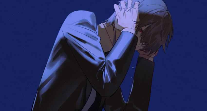 1103sns, 1boy, black_jacket, black_suit, blue_background, brown_hair, clutching_head, crying