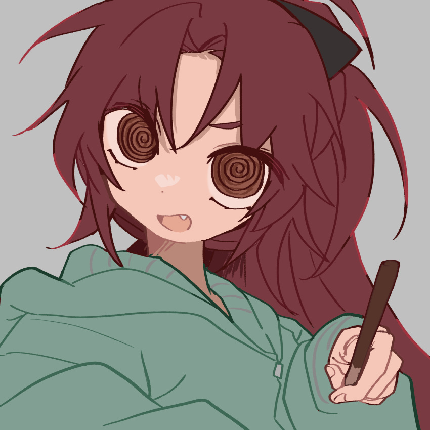 1girl, @_@, absurdres, bow, commentary, fang, food, hair_bow, hashtag-only_commentary, highres, holding, holding_food, holding_pocky, hood, hood_down, hoodie, long_hair, long_sleeves, looking_at_viewer, mahou_shoujo_madoka_magica, mahou_shoujo_madoka_magica_(anime), open_mouth, parted_bangs, pocky, pocky_day, ponytail, rabbit11201206, redhead, sakura_kyoko, smile, solo