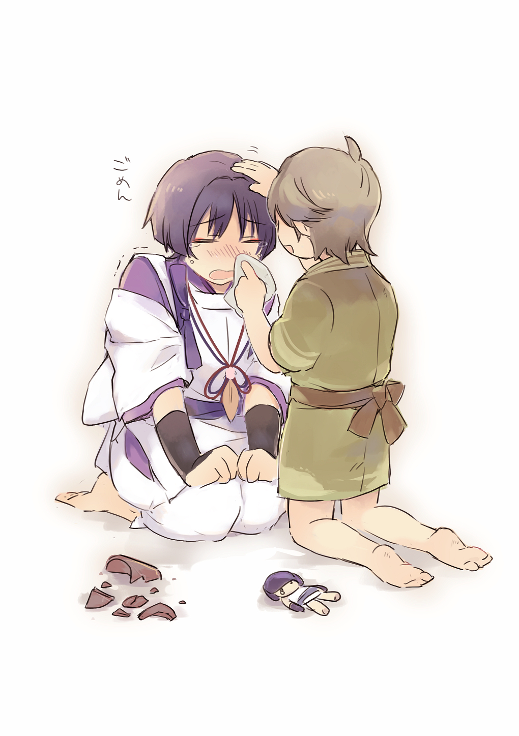 2boys, armor, barefoot, blunt_ends, blush, broken_cup, brown_hair, brown_sash
